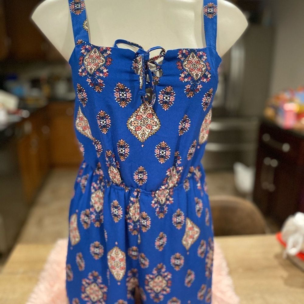 Pink Rose Vintage Blue Medallion Lace Up Smocked Romper Womens Small Boho Summer